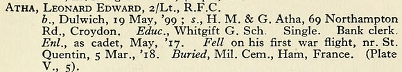 Atha L E 2nd Lt Royal Flying Corps Obit
