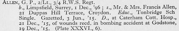 Allen G P 2nd Lt 4th Queens Royal West Surrey Regiment Obit Croydon Roll Of Honour