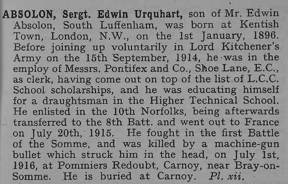 Absolon E U Sergt 13863 8th Norfolk Regiment