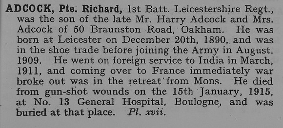 Adcock R Pte 8737 2nd Leicestershire Regiment