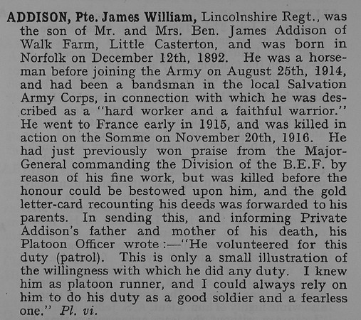 Addison J W Pte 10182 1st Lincolnshire Regiment