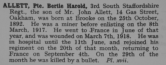 Allett B H Pte 37147 6th South Staffordshire Regiment