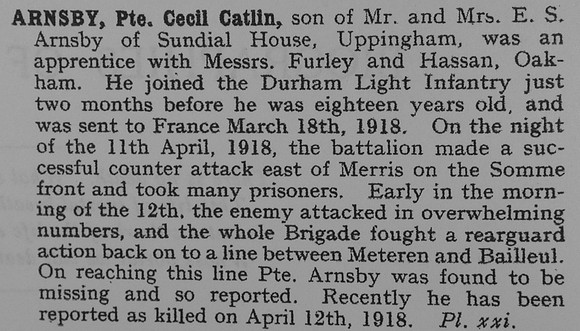 Arnsby C C Pte 71073 18th Durham Light Infantry