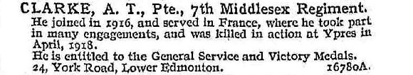 Clarke A T Pte 7th Middlesex Regiment