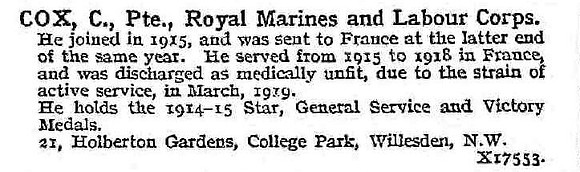 Cox C Pte Royal Marine Light Infantry