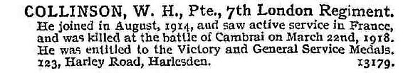 Collinson W H Pte 7th London Regiment