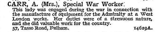 Carr A Mrs Special War Worker