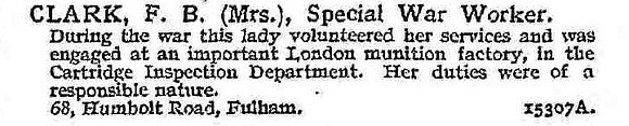 Clark F B Mrs Munitions Worker