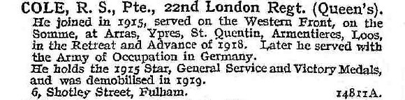 Cole R S Pte 22nd London Regiment