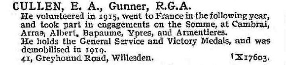 Cullen E A Gnr Royal Garrison Artillery