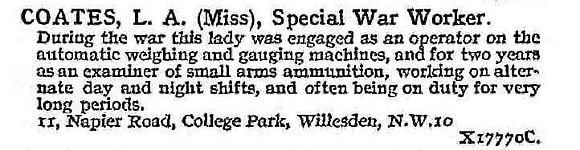Coates L A Miss Munitions Worker