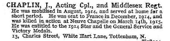 Chaplin J Acting Cpl 2nd Middlesex Regiment