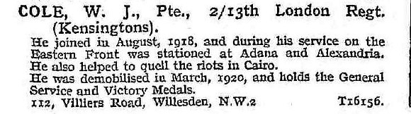 Cole W J Pte 13th London Regiment