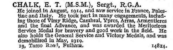 Chalk E T Sergt MSM Royal Garrison Artillery