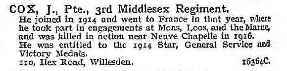 Cox J Pte 3rd Middlesex Regiment