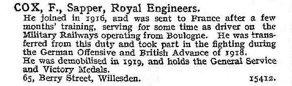 Cox F Sapper Royal Engineers