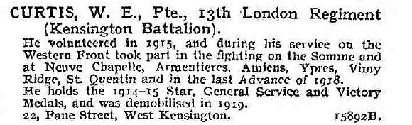 Curtis W E Pte 13th London Regiment