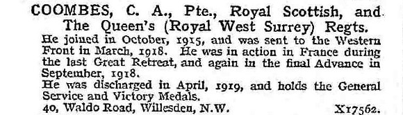 Coombes C A Pte Queen's Royal West Surrey Regiment