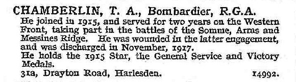 Chamberlain T A Bmdr Royal Garrison Artillery