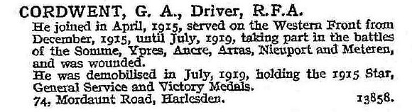 Cordwent G A Dvr Royal Field Artillery