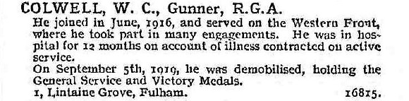 Colwell W C Gnr Royal Garrison Artillery