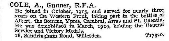 Cole A Gnr Royal Field Artillery