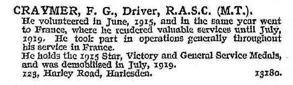Craymer F G Dvr Army Service Corps