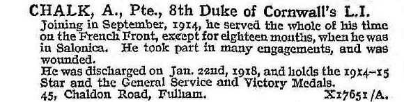 Chalk A Pte 8th Duke Of Cornwalls Light Infantry
