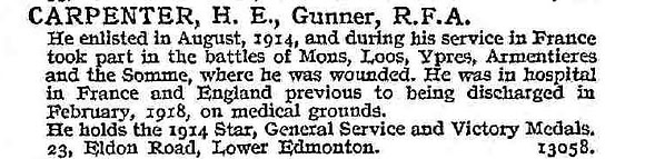 Carpenter H E Gnr Royal Field Artillery