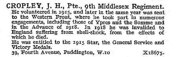 Cropley J H Pte 9th Middlesex Regiment