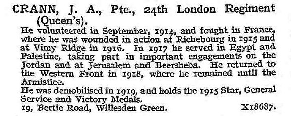 Crann J A Pte 24th London Regiment
