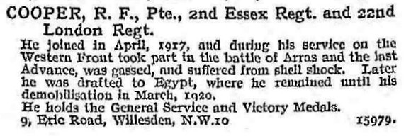 Cooper R F Pte 2nd Essex Regiment And 22nd London Regiment