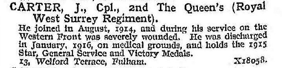 Carter J Cpl 2nd Queen's Royal West Surrey Regiment
