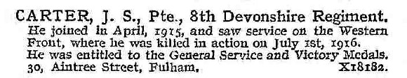 Carter J S Pte 8th Devonshire Regiment