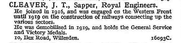 Cleaver J T Sapper Royal Engineers