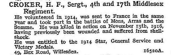 Croker H F Sergt 4th And 17th Middlesex Regiment