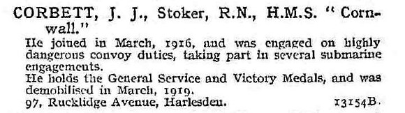 Corbett J J Stoker HMS Cornwall Royal Navy