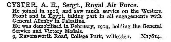 Cyster A E Sergt Royal Air Force