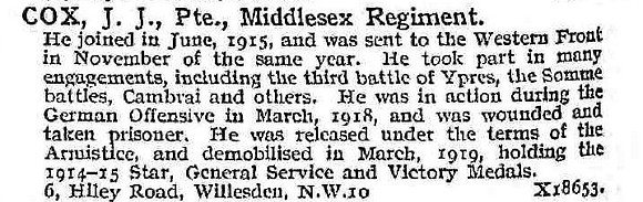 Cox J J Pte Middlesex Regiment