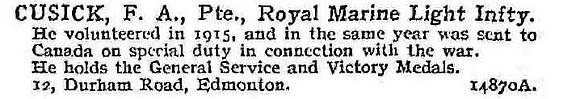 Cusick F A Pte Royal Marine Light Infantry