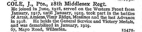 Cole J Pte 18th Middlesex Regiment