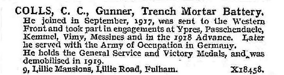 Colls C C Gnr 620150 Trench Mortar Battery And Royal Engineers