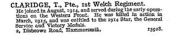 Claridge T Pte 1st Welsh Regiment