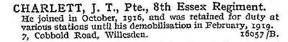 Charlett J T Pte 8th Essex Regiment