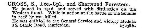 Cross S L/Cpl 2nd Notts And Derby Regiment