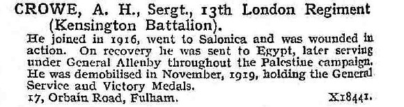 Crowe A H Sergt 13th London Regiment