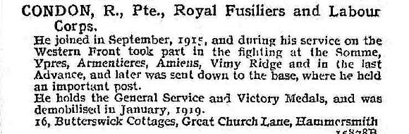 Condon R Pte Royal Fusiliers And Labour Corps