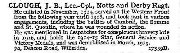 Clough J B L/Cpl Notts And Derby Regiment
