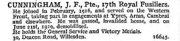 Cunningham J F Pte 17th Royal Fusiliers