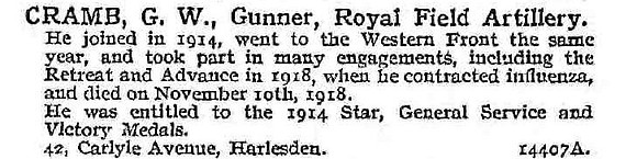 Cramb G W Gnr Royal Field Artillery